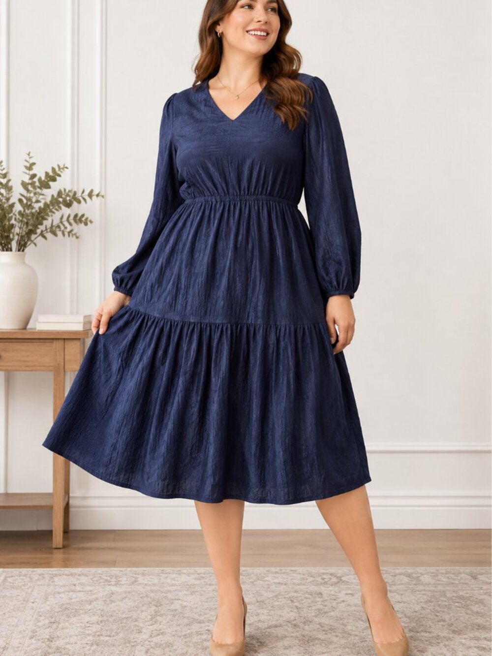 Tommy Hilfiger Navy V-Neck Midi Dress Size 14 Long Sleeve Viscose